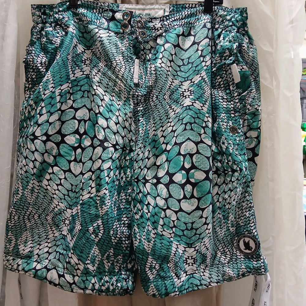 Society Teal and Navy Patterned Swim Shorts